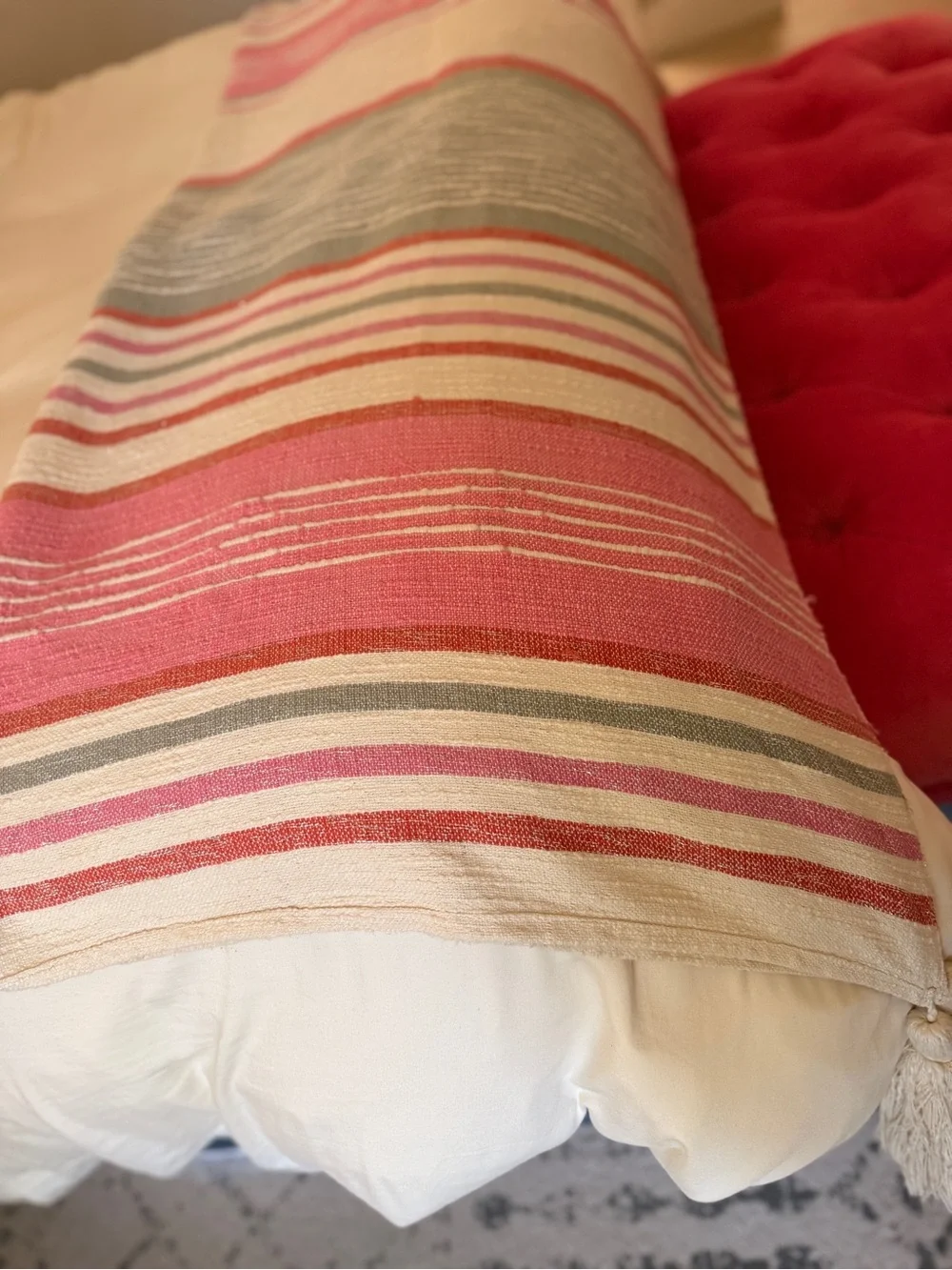 Striped Cotton Bed Runner in Pink, Gray & Cream
